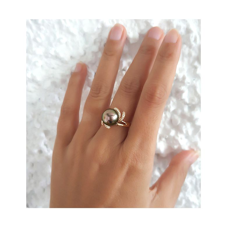 Bague fleur or jaune - Perle de Tahiti - Diamants enchassés aux pétales - 6