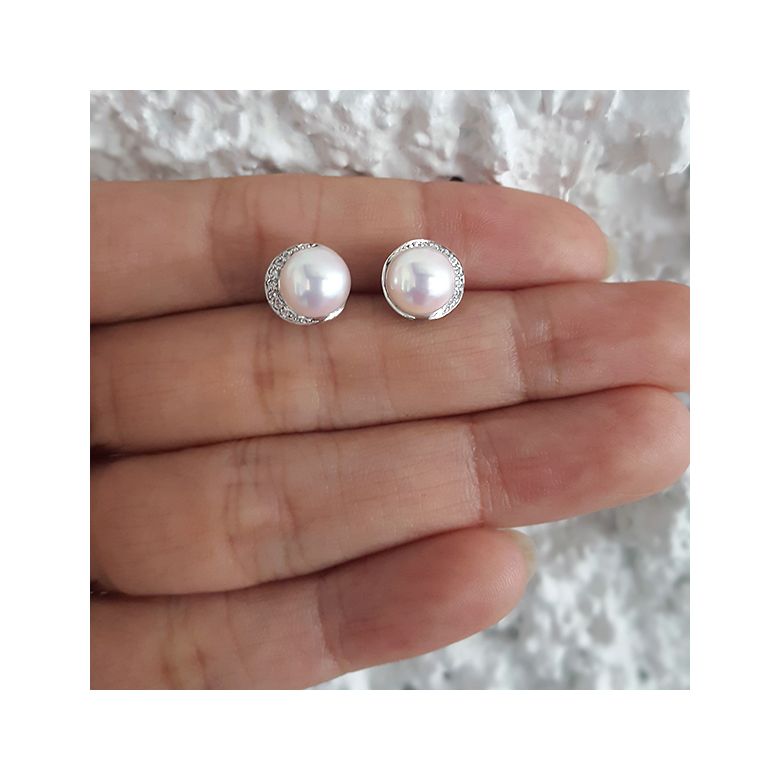 Boucles oreilles couronne Or blanc Diamants. Perles Akoya - 2