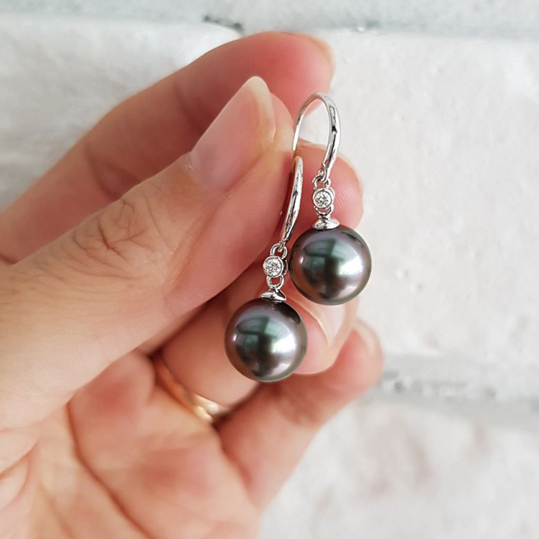 Boucles oreilles crochets - Perles de Tahiti - Or blanc, diamant - 5