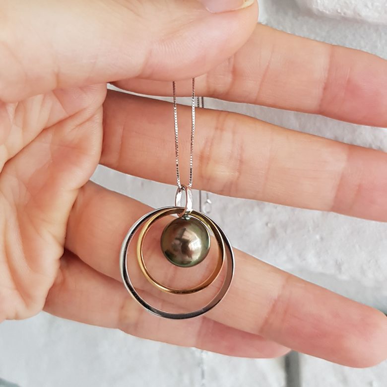 Pendentif 2 anneaux superposés - Perle de Tahiti - Or jaune et blanc - 5