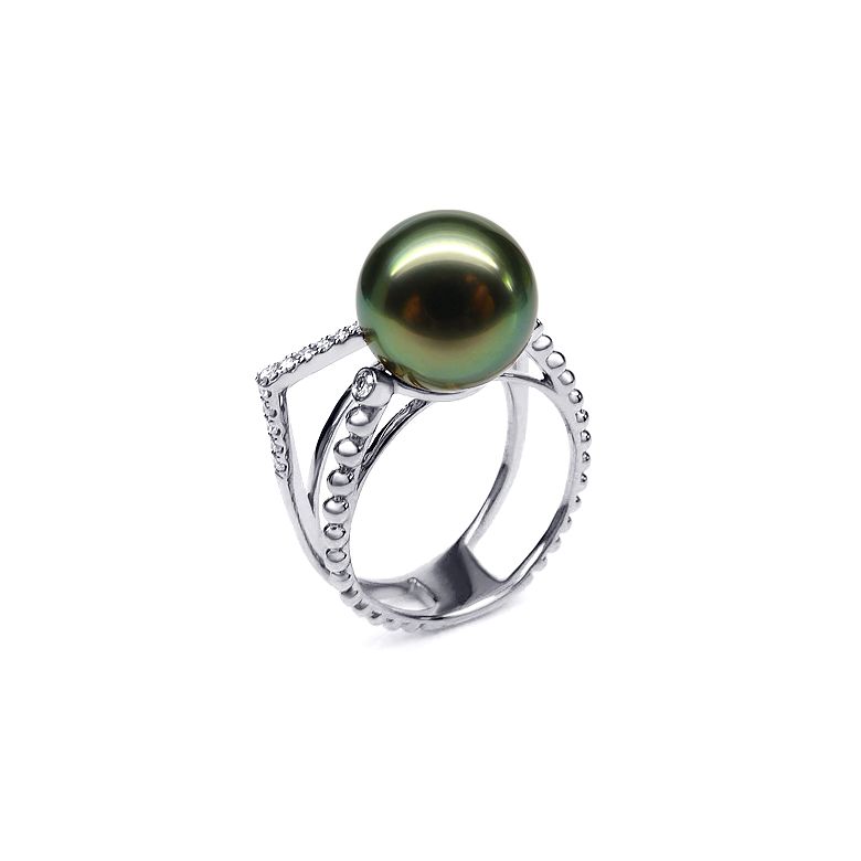 Bague perle de Tahiti, Or blanc, diamants - Saperlipopette - 1