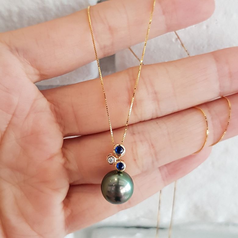 Pendentif 3 circles - Perle de Tahiti - Or jaune, diamants, saphirs - 5