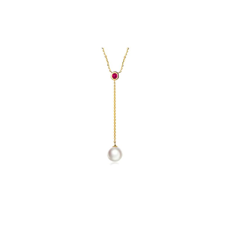 Collier pendentif perle Akoya. Chaîne Or jaune, Saphir rose - 1