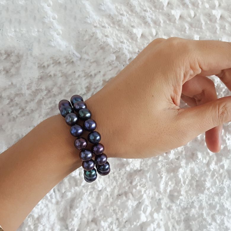 Bracelet Double Perles Eau Douce Noires - 7/7.5mm, AAA - 3