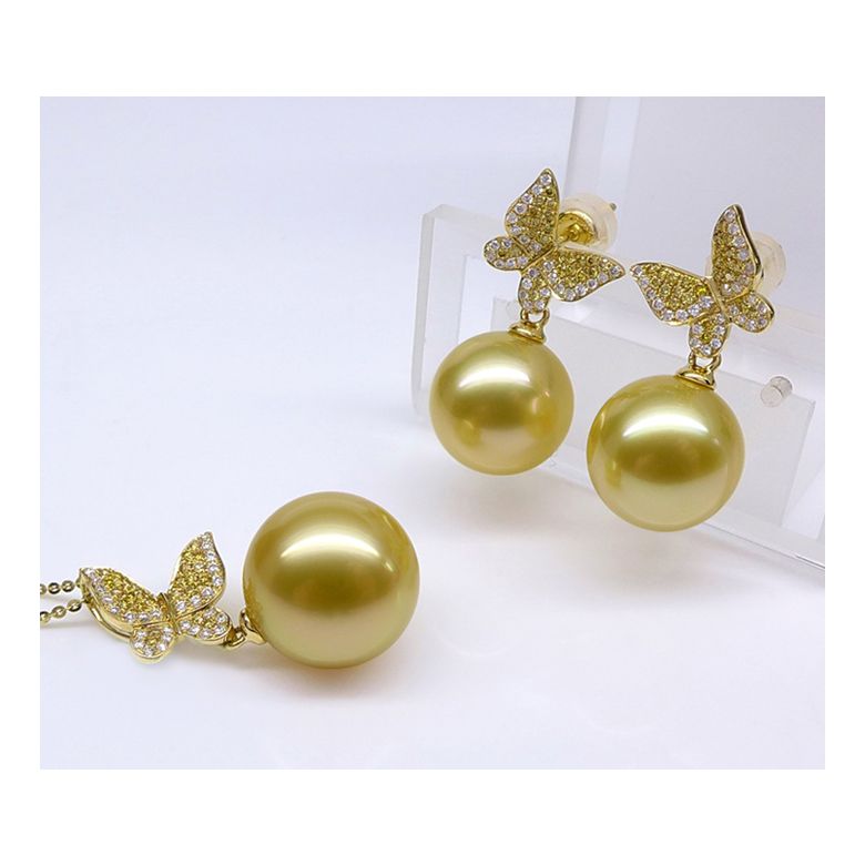  Pendentif Papillon Or jaune. Perle d'Australie dorée. Diamants - 7