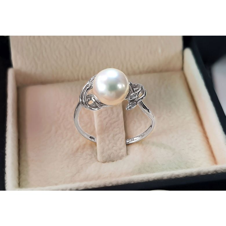 Bague fleur - Or blanc, Diamants - Perle de culture, Eau douce - 5