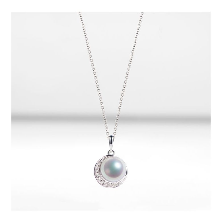 Pendentif couronne Or blanc Diamants. Perle Akoya - 7
