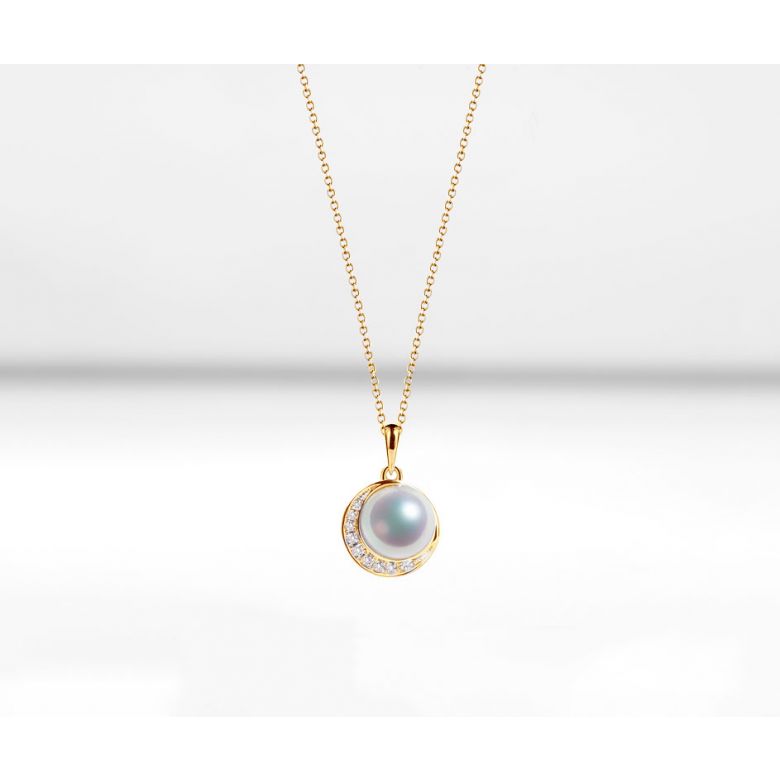 Pendentif couronne Or jaune Diamants. Perle Akoya - 7