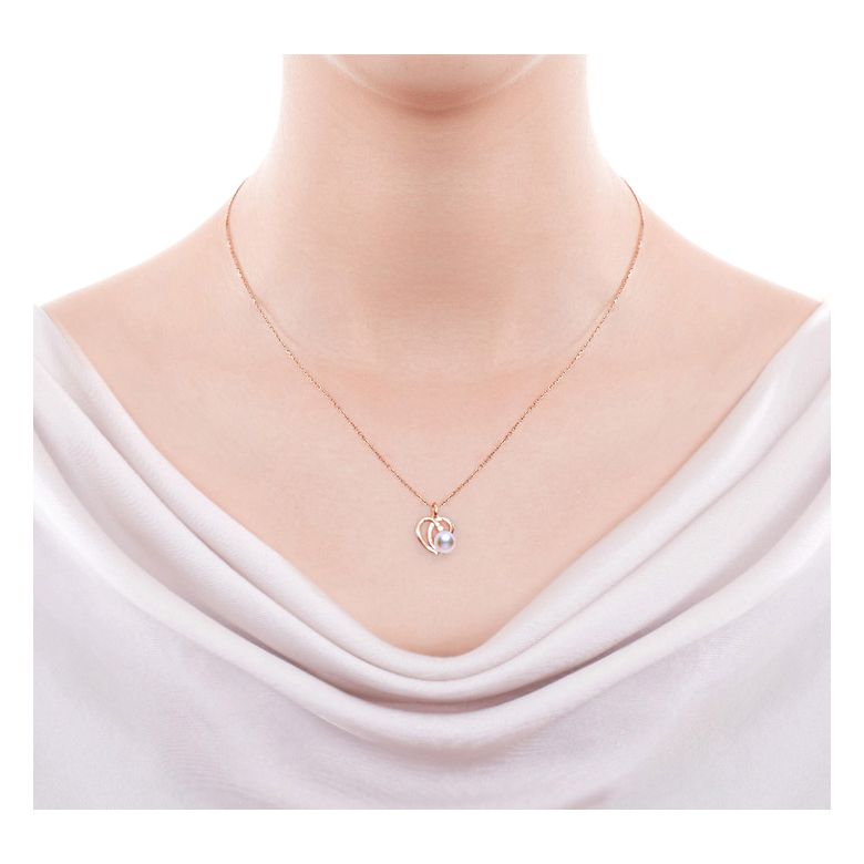 Pendentif Chiaky. Coeur moderne Or rose. Perle Akoya, Diamant - 2