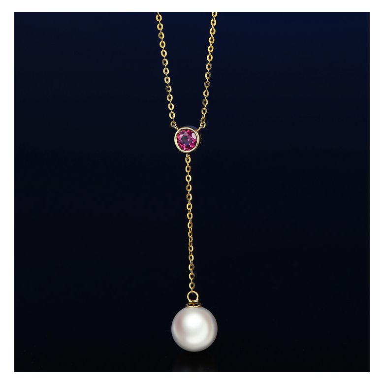 Collier pendentif perle Akoya. Chaîne Or jaune, Saphir rose - 9