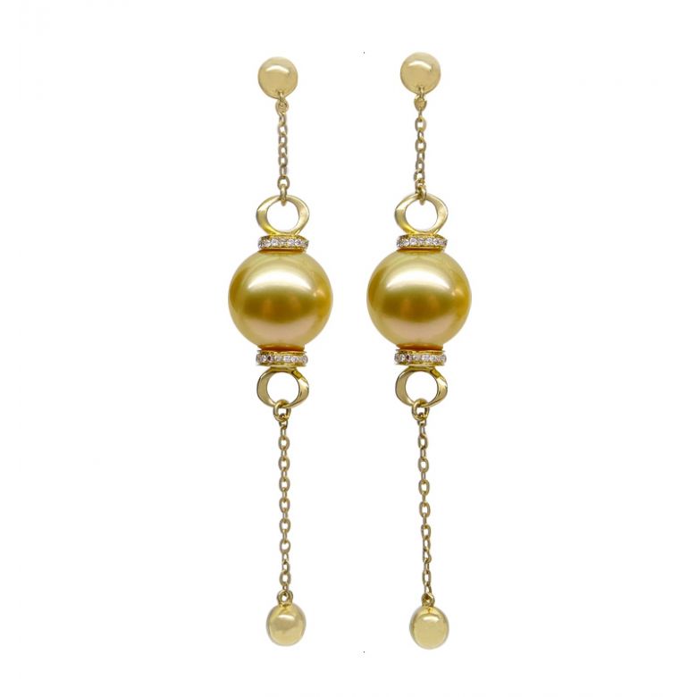 Pendants d'oreilles. Chainettes Or jaune, perles d'Australie dorée et diamants - 1