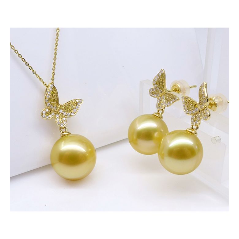  Pendentif Papillon Or jaune. Perle d'Australie dorée. Diamants - 2