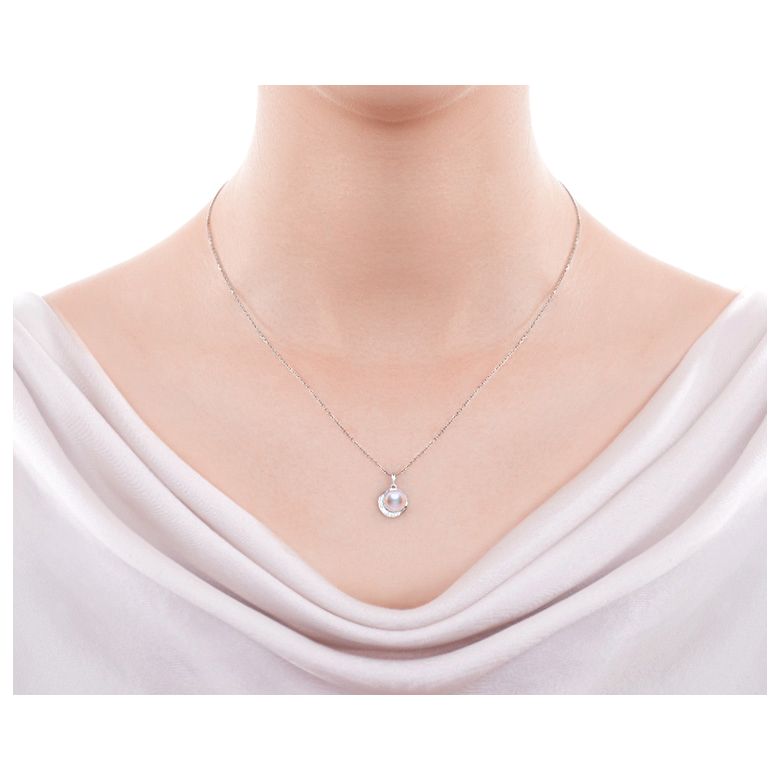 Pendentif couronne Or blanc Diamants. Perle Akoya - 4