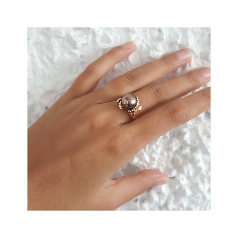 Bague fleur or jaune - Perle de Tahiti - Diamants enchassés aux pétales - 7