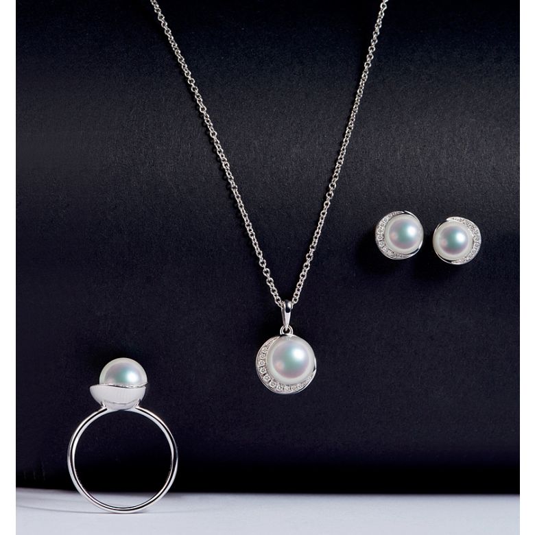 Pendentif couronne Or blanc Diamants. Perle Akoya - 5