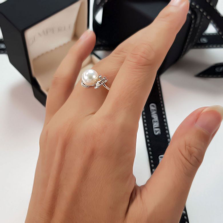 Bague fleur - Or blanc, Diamants - Perle de culture, Eau douce - 8