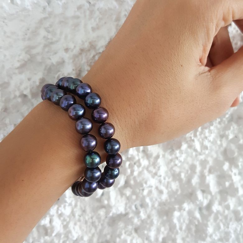 Bracelet Double Perles Eau Douce Noires - 7/7.5mm, AAA - 6