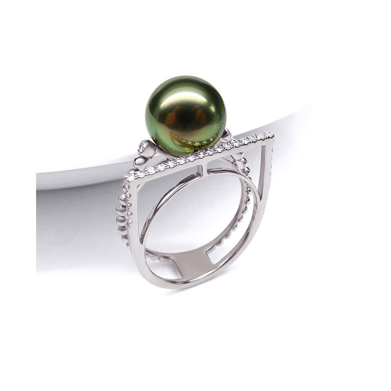 Bague perle de Tahiti, Or blanc, diamants - Saperlipopette - 3