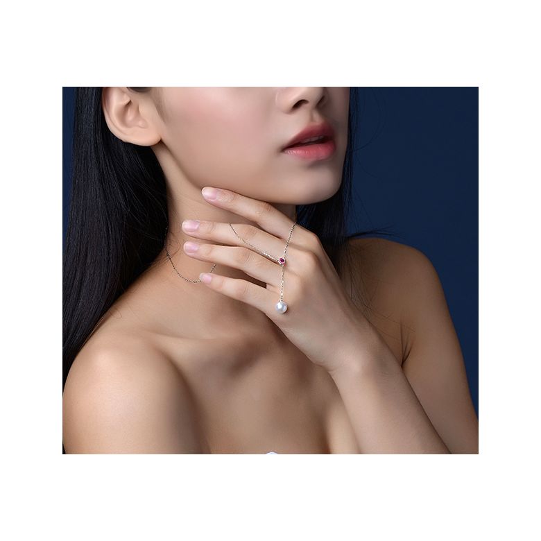 Collier pendentif perle Akoya. Chaîne Or blanc, Saphir rose - 7