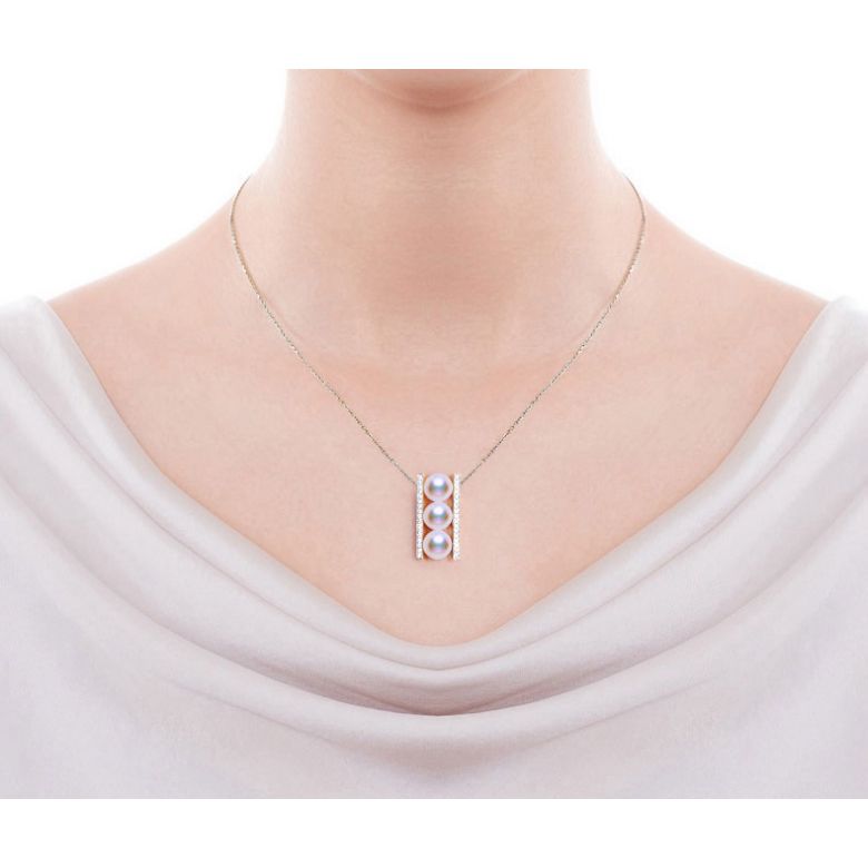 Pendentif 3 perles Akoya. Barettes or blanc sertis diamants. Otohiko - 3