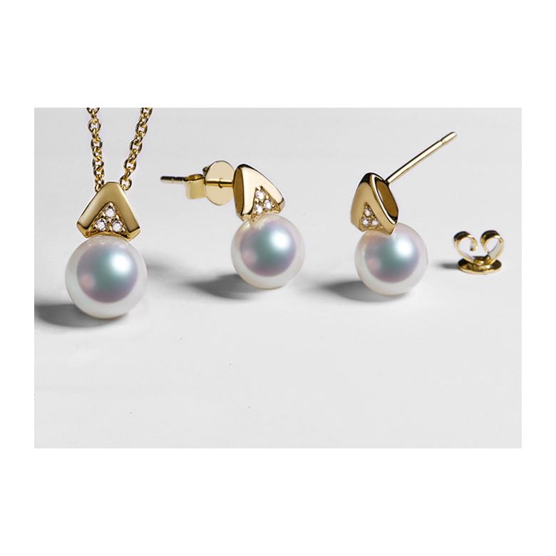 Pendentif et Boucles Tsuguka. Perles Akoya, Or jaune, diamants - 4