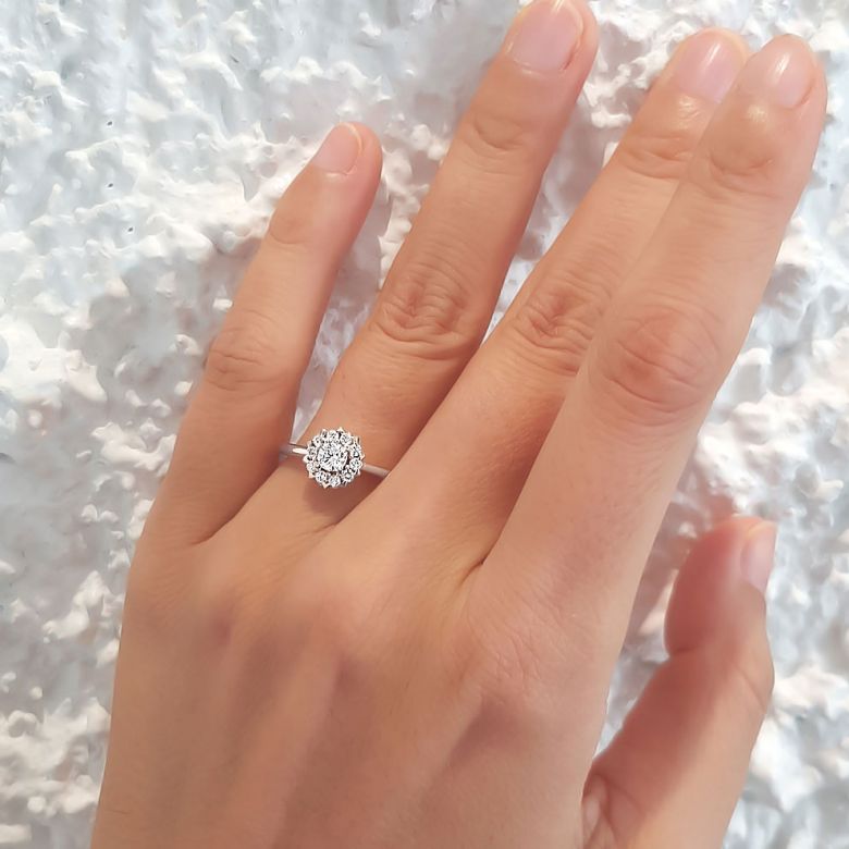 Bague Or Blanc Solitaire - Coeur Caillouté - Diamants pavés | Coeur Caillouté - 2