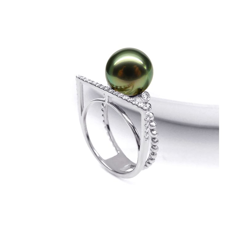 Bague perle de Tahiti, Or blanc, diamants - Saperlipopette - 4