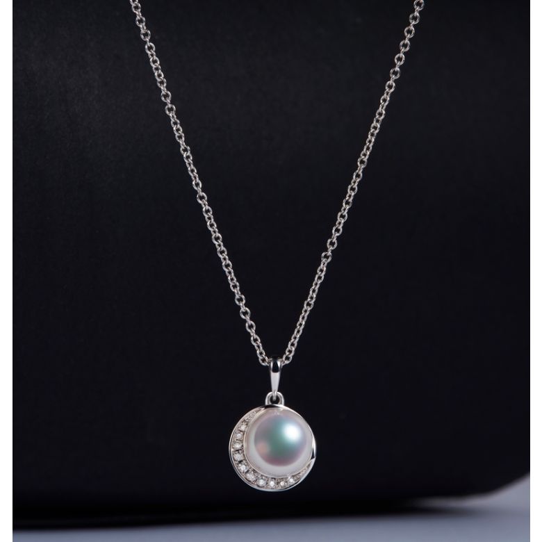 Pendentif couronne Or blanc Diamants. Perle Akoya - 6