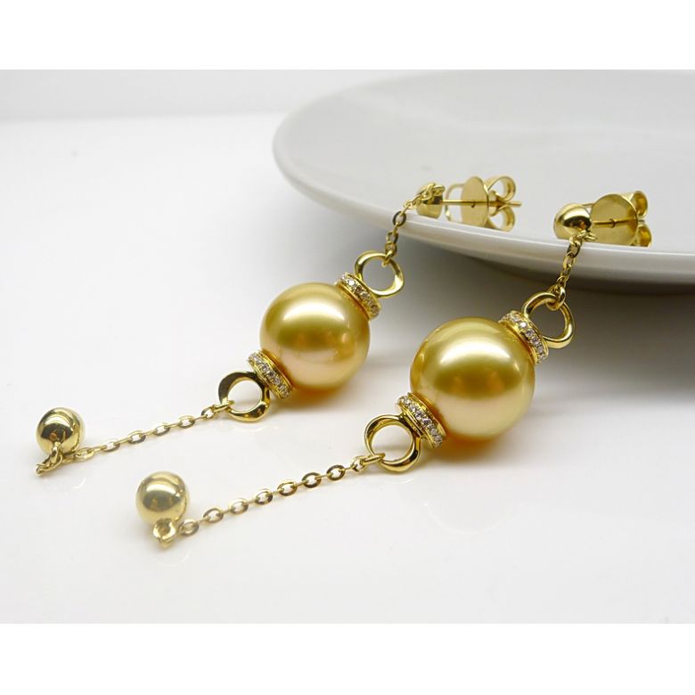 Pendants d'oreilles. Chainettes Or jaune, perles d'Australie dorée et diamants - 6