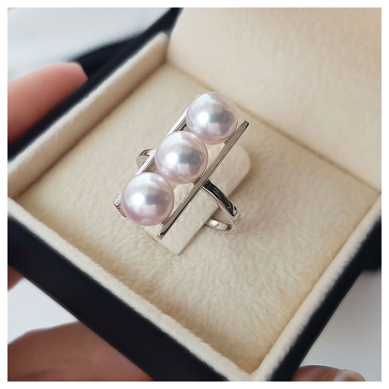 Bague 3 perles Akoya alignées et or blanc 18 carats - 13