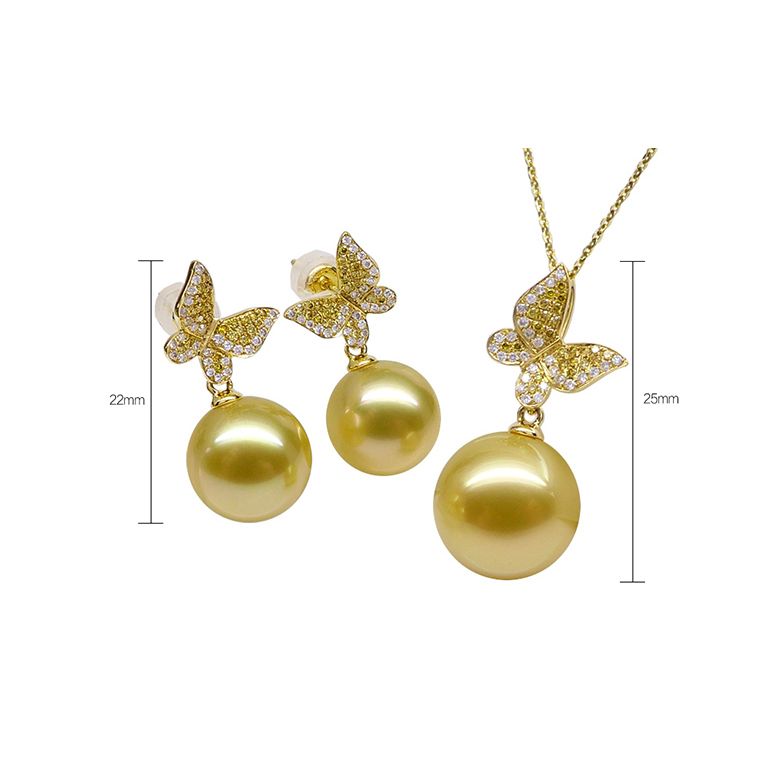  Pendentif Papillon Or jaune. Perle d'Australie dorée. Diamants - 3