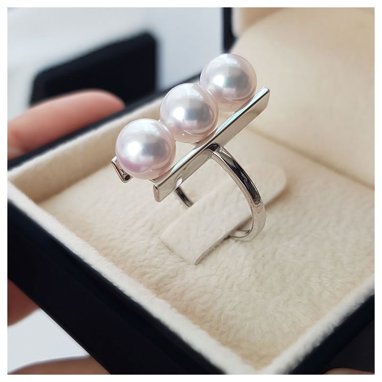 Bague 3 perles Akoya alignées et or blanc 18 carats - 14