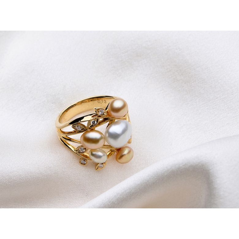 Bague secret flower first en perles d'Australie blanches et dorées - 7
