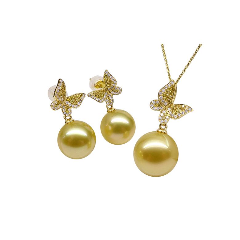  Pendentif Papillon Or jaune. Perle d'Australie dorée. Diamants - 9