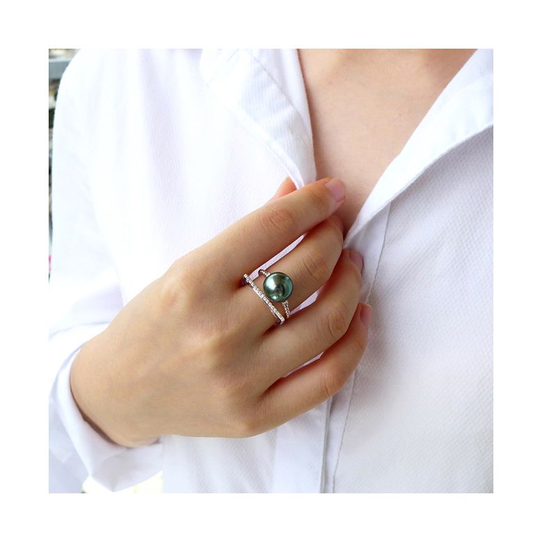 Bague perle de Tahiti, Or blanc, diamants - Saperlipopette - 7
