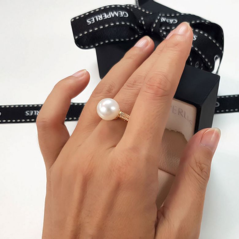 Bague Perle Culture Eau Douce Blanche. Or Jaune Diamants - 3