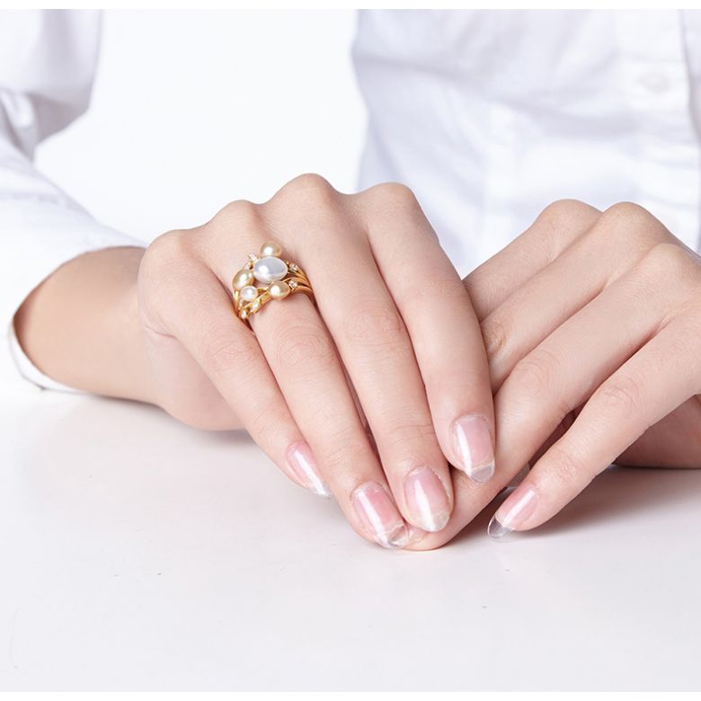 Bague secret flower first en perles d'Australie blanches et dorées - 8