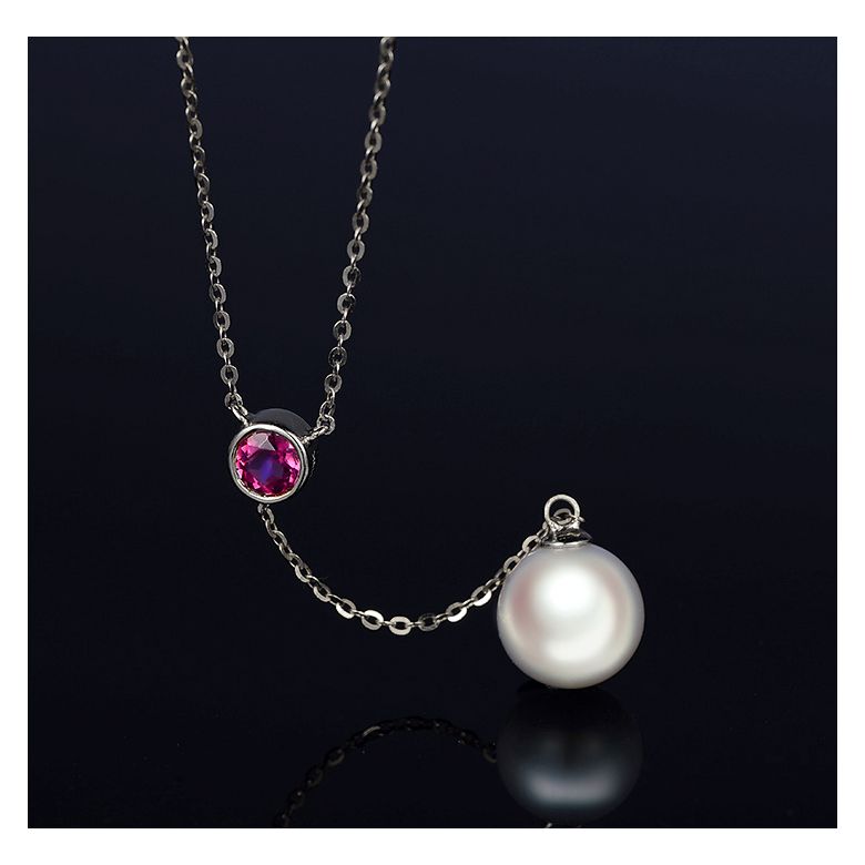 Collier pendentif perle Akoya. Chaîne Or blanc, Saphir rose - 2