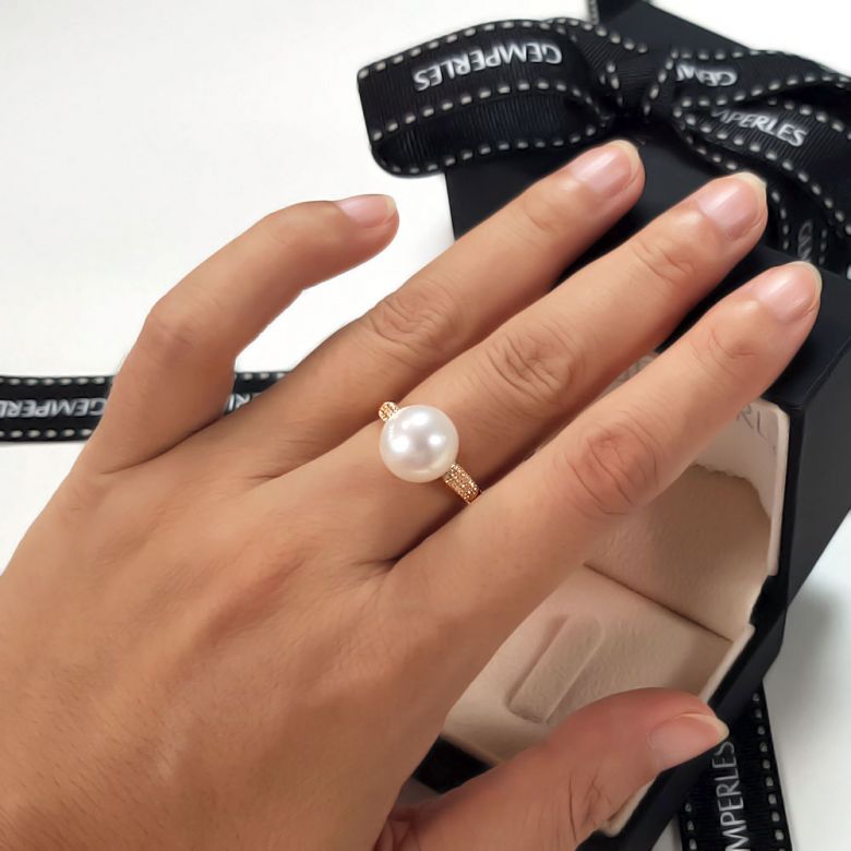 Bague Perle Culture Eau Douce Blanche. Or Jaune Diamants - 4