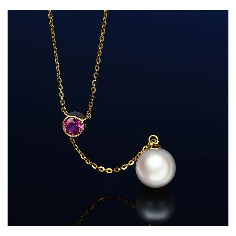 Collier pendentif perle Akoya. Chaîne Or jaune, Saphir rose - 3