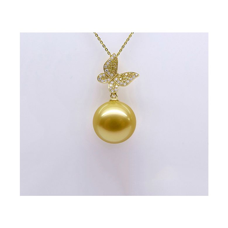  Pendentif Papillon Or jaune. Perle d'Australie dorée. Diamants - 4
