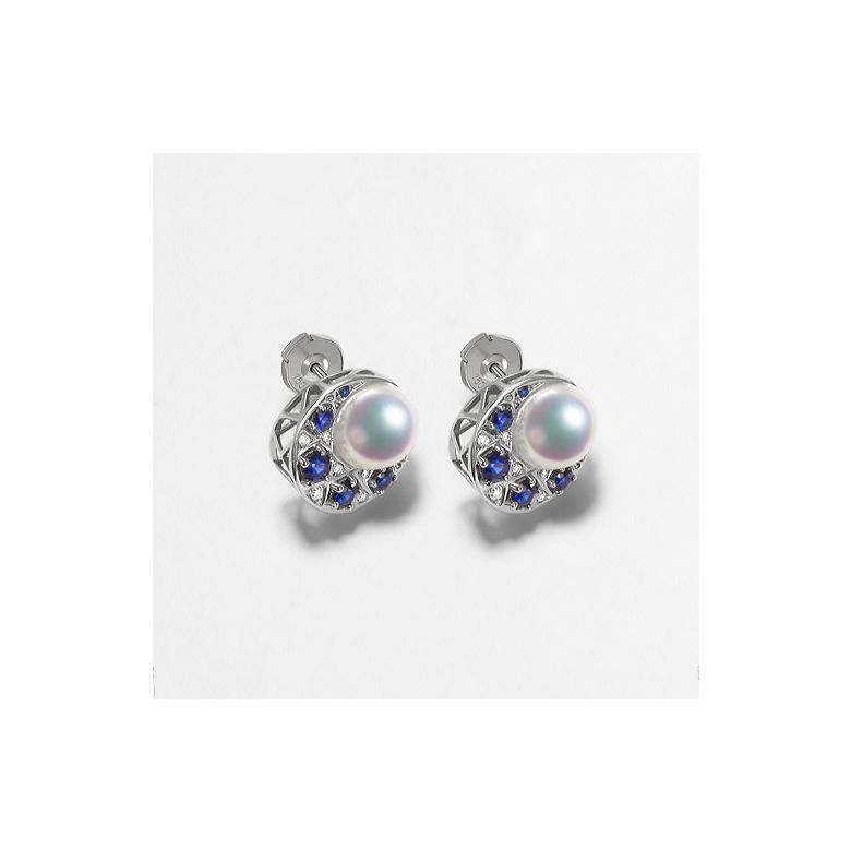 Boucles Oreilles Mikadzuki I Perle Akoya Saphir. Croissant de Lune - 7
