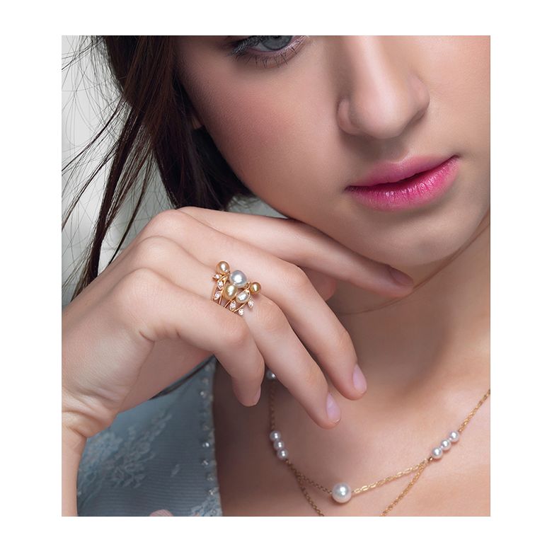 Bague secret flower first en perles d'Australie blanches et dorées - 9