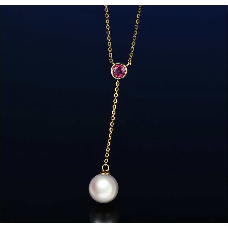 Collier pendentif perle Akoya. Chaîne Or jaune, Saphir rose - 6