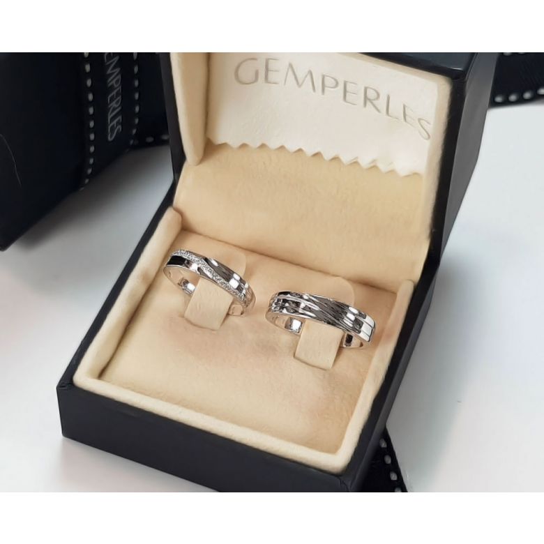 Duo d'alliances prestige - Design en diagonale -  Platine, diamants - 3