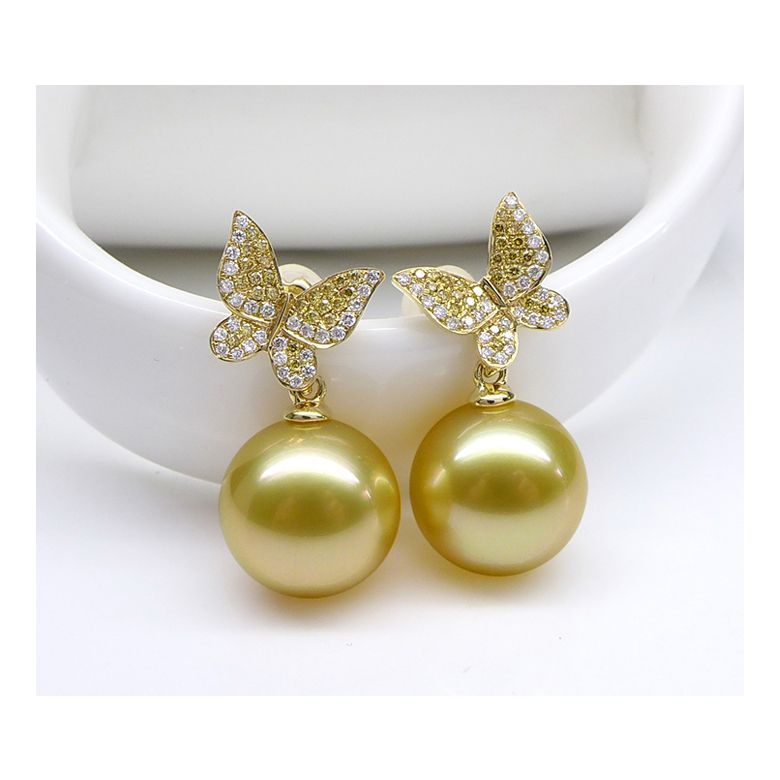Pendants d'oreilles Papillon. Or jaune, Perle d'Australie dorée, Diamants - 4