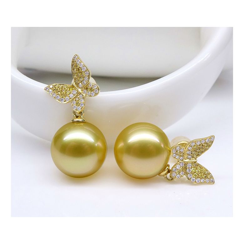 Pendants d'oreilles Papillon. Or jaune, Perle d'Australie dorée, Diamants - 5