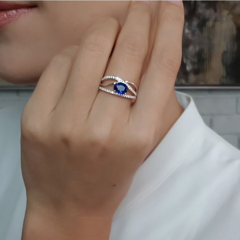 Bague saphir Sri Lanka 1 carat. Or blanc. Entrelacée - 9