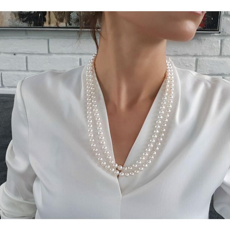 Collier double fil, rang de perles - Perle eau douce blanche - 7/7.5mm - 4