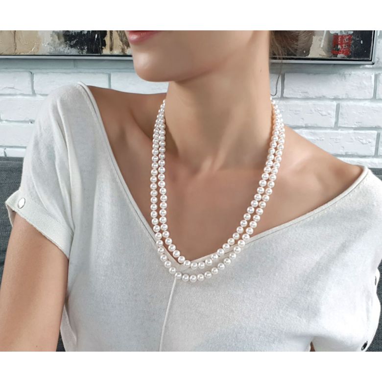 Collier double fil, rang de perles - Perle eau douce blanche - 7/7.5mm - 2